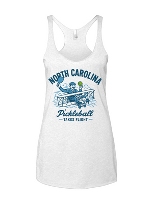 White tank top with North Carolina pickleball design.