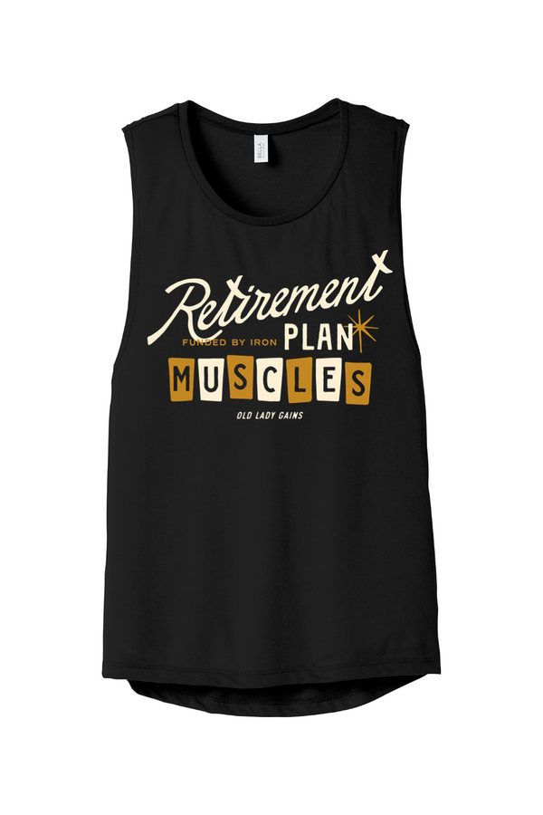 Black tank top with humorous Retirement Plan Muscles graphic on a white background