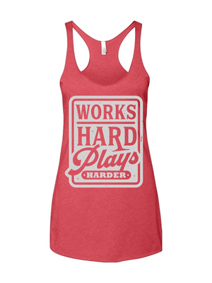 Red tank top with 'Works Hard Plays Harder' text on a white background
