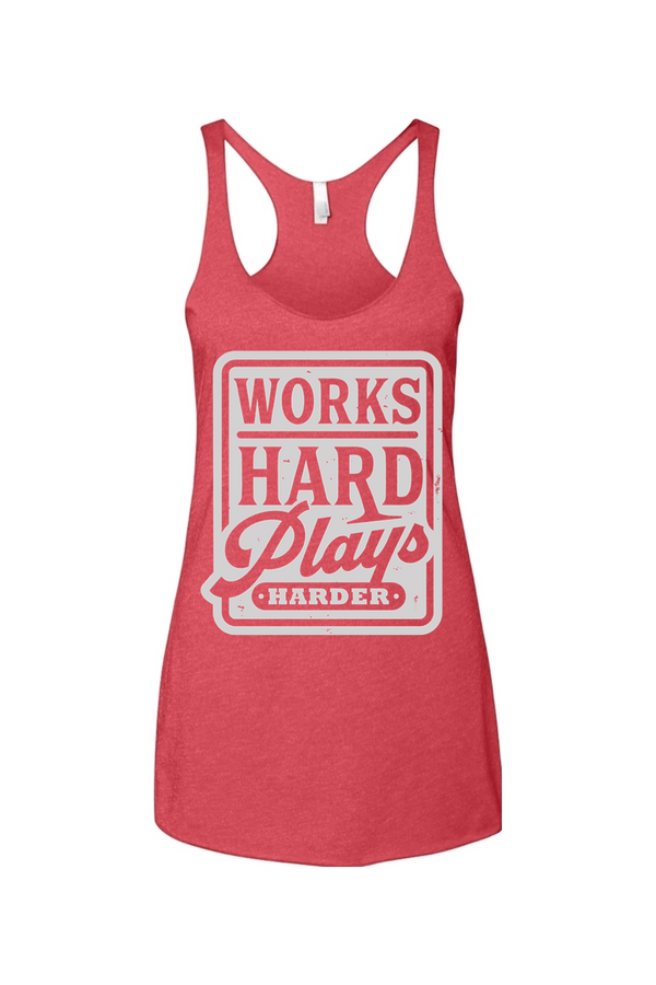 Red tank top with 'Works Hard Plays Harder' text on a white background
