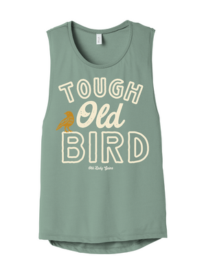 Vintage Tough Old Bird graphic shirt for strong women over 40 featuring bold lettering and small bird illustration in retro style.