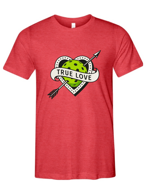 Pickleball graphic with a tattoo-style heart pierced by an arrow and a bright green pickleball with the text “True Love.”