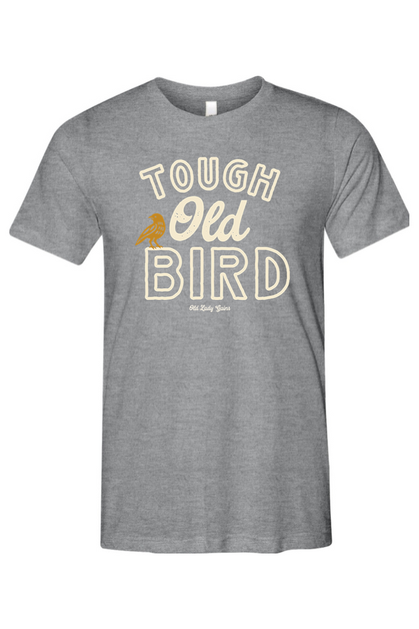 Gray t-shirt with 'Tough Old Bird' text and graphic on a white background
