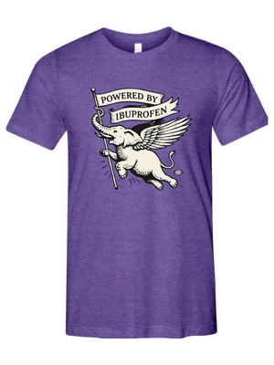 Purple t-shirt with a graphic of an elephant holding a banner that says 'Powered by Ibuprofen' on a white background.