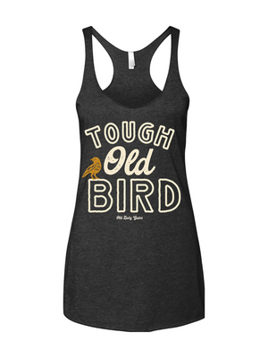 Black tank top with 'Tough Old Bird' text and graphic on a white background
