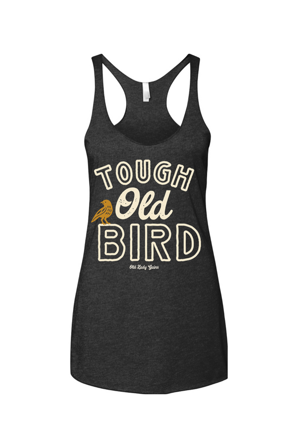 Black tank top with 'Tough Old Bird' text and graphic on a white background