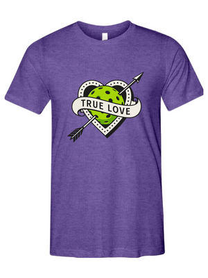 Pickleball graphic with a tattoo-style heart pierced by an arrow and a bright green pickleball with the text “True Love.”