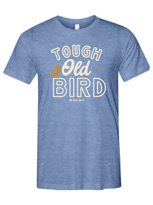 Blue t-shirt with 'Tough Old Bird' text and graphic on a white background