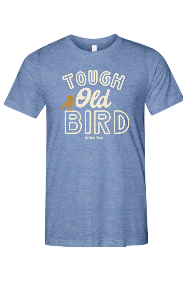 Blue t-shirt with 'Tough Old Bird' text and graphic on a white background