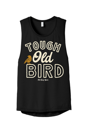 Vintage Tough Old Bird graphic shirt for strong women over 40 featuring bold lettering and small bird illustration in retro style.