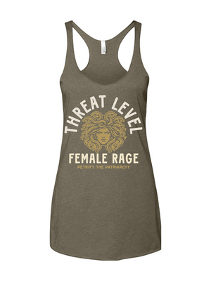 Green tank top with 'Threat Level Female Rage' graphic on a white background