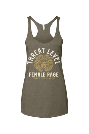 Green tank top with 'Threat Level Female Rage' graphic on a white background