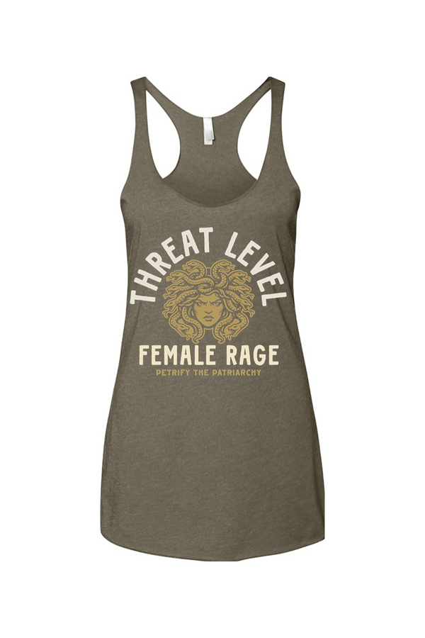 Green tank top with 'Threat Level Female Rage' graphic on a white background