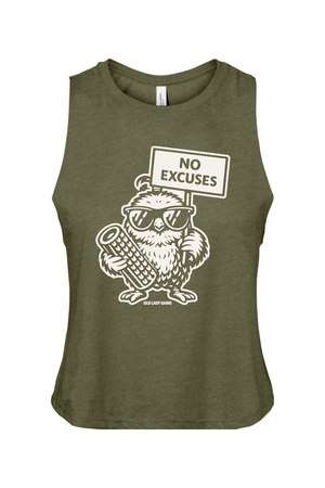 Green crop tank top with an chick holding a foam roller graphic and 'No Excuses' sign on a white background