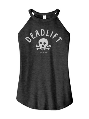 Black tank top with 'DEADLIFT' text pattern over a skull and cross bones on a white background