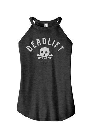 Black tank top with 'DEADLIFT' text pattern over a skull and cross bones on a white background