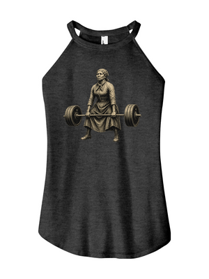 Close-up of the historical Harriet Tubman weightlifting graphic printed on soft, heathered charcoal tri-blend fabric with a curved hemline.