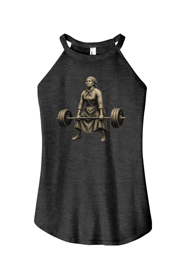 Close-up of the historical Harriet Tubman weightlifting graphic printed on soft, heathered charcoal tri-blend fabric with a curved hemline.