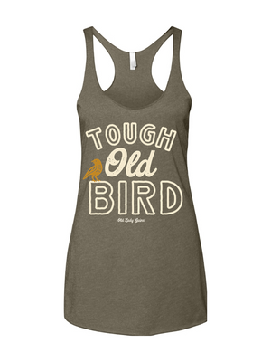 Vintage Tough Old Bird graphic shirt for strong women over 40 featuring bold lettering and small bird illustration in retro style.