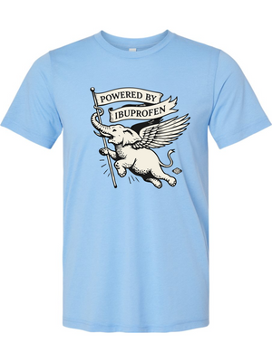 Light blue t-shirt with a graphic of an elephant holding a sign that says 'Powered by Ibuprofen' on a white background.