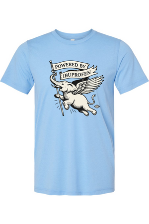 Light blue t-shirt with a graphic of an elephant holding a sign that says 'Powered by Ibuprofen' on a white background.