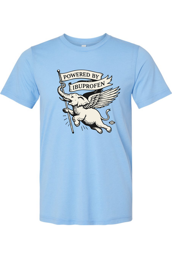 Light blue t-shirt with a graphic of an elephant holding a sign that says 'Powered by Ibuprofen' on a white background.