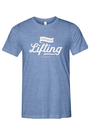 Blue t-shirt with 'Choose Lifting' text on a white background