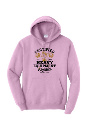 A light pink pullover hoodie with a graphic print on the front reading 'CERTIFIED HEAVY EQUIPMENT OPERATOR' in black and gold, displayed on a clean white background.