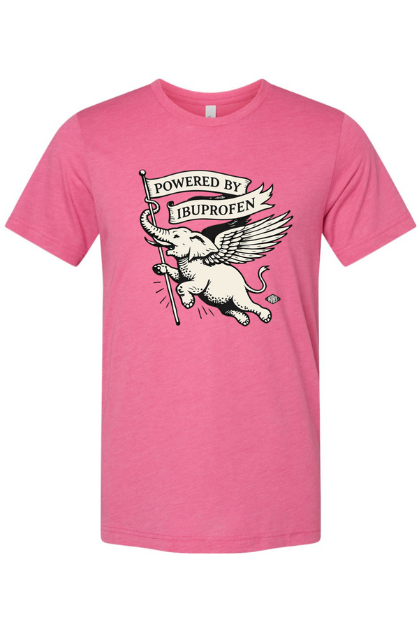 Pink t-shirt with a graphic of an elephant holding a banner and text 'Powered by Ibuprofen' on a white background.