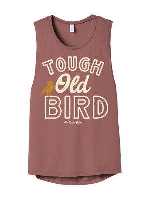 Vintage Tough Old Bird graphic shirt for strong women over 40 featuring bold lettering and small bird illustration in retro style.