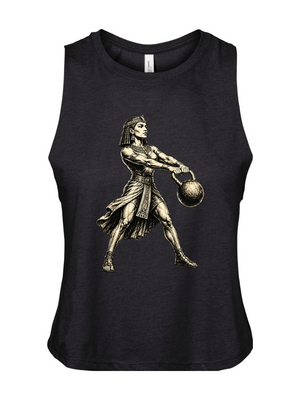 Black tank top with a graphic of a warrior holding a sphere on a white background