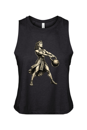 Black tank top with a graphic of a warrior holding a sphere on a white background