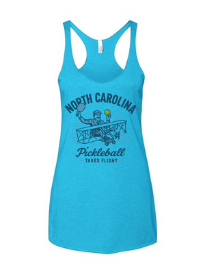 Blue tank top with 'North Carolina Pickleball Takes Flight' design on a white background