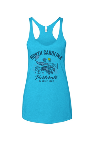 Blue tank top with 'North Carolina Pickleball Takes Flight' design on a white background