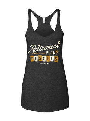 Women over 40 wearing “Retirement Plan: Muscles” fitness tank, strength training for bone density, active aging, weight lifting apparel for strong midlife women.