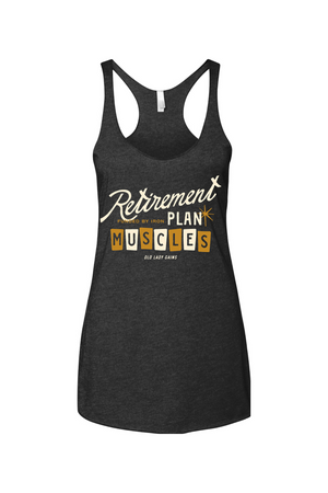 Women over 40 wearing “Retirement Plan: Muscles” fitness tank, strength training for bone density, active aging, weight lifting apparel for strong midlife women.