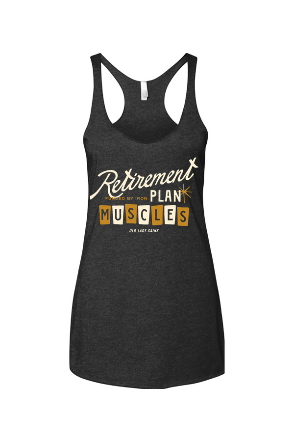 Women over 40 wearing “Retirement Plan: Muscles” fitness tank, strength training for bone density, active aging, weight lifting apparel for strong midlife women.