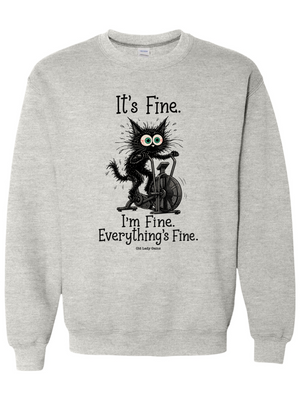 A light heather gray crewneck sweatshirt featuring a black graphic of a cartoon creature playing a double bass, with the text 'It's Fine. I'm Fine.