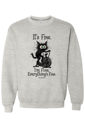 A light heather gray crewneck sweatshirt featuring a black graphic of a cartoon creature playing a double bass, with the text 'It's Fine. I'm Fine.