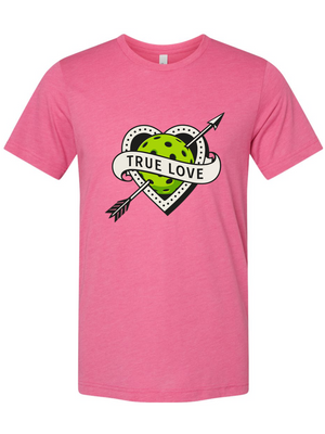 Pickleball graphic with a tattoo-style heart pierced by an arrow and a bright green pickleball with the text “True Love.”