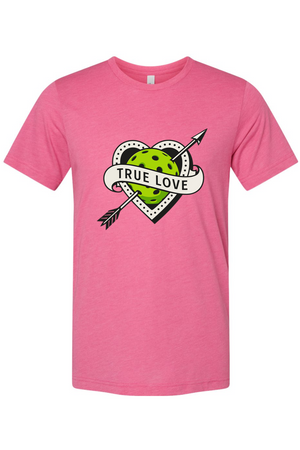 Pickleball graphic with a tattoo-style heart pierced by an arrow and a bright green pickleball with the text “True Love.”