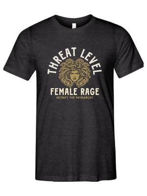 Black t-shirt with graphic design of medusa and says threat level female rage petrify the patriarchy on a white background