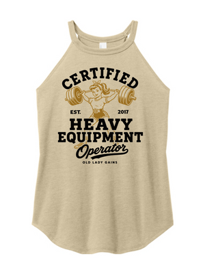 A beige heathered tank top with a graphic print that reads 'CERTIFIED HEAVY EQUIPMENT Operator' and features an illustration of a woman lifting a barbell, on a plain white background.