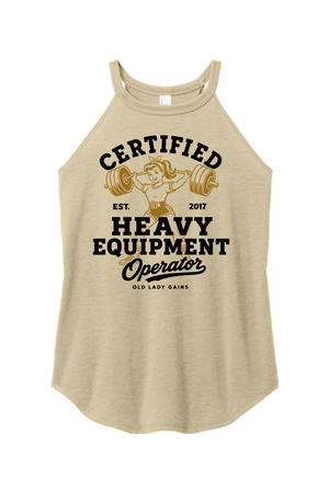 A beige heathered tank top with a graphic print that reads 'CERTIFIED HEAVY EQUIPMENT Operator' and features an illustration of a woman lifting a barbell, on a plain white background.