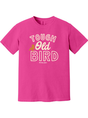 Pink t-shirt with 'Tough Old Bird' text and graphic on a white background