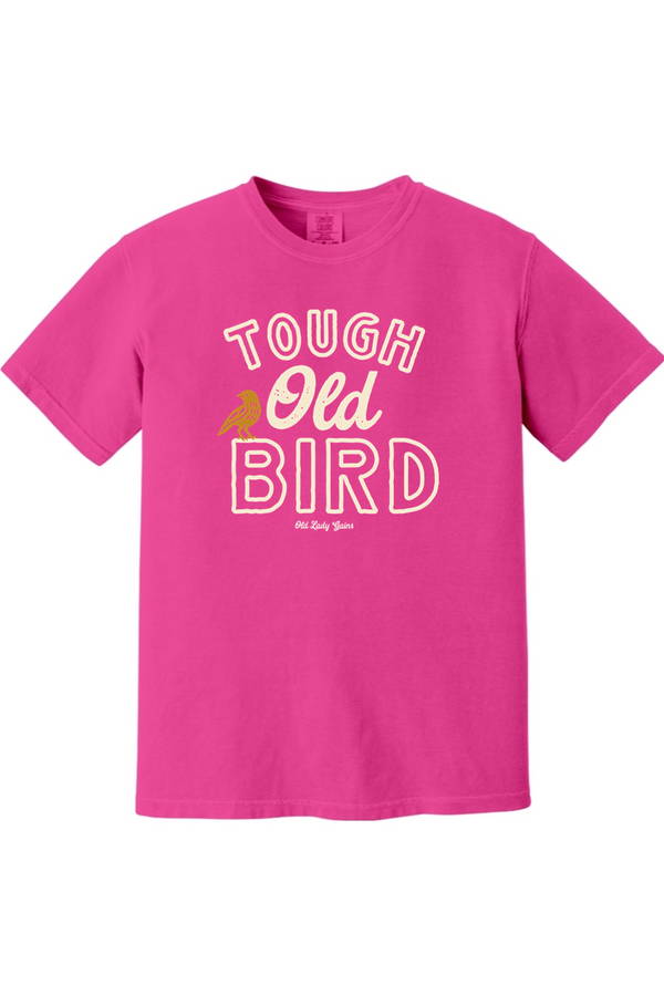Pink t-shirt with 'Tough Old Bird' text and graphic on a white background