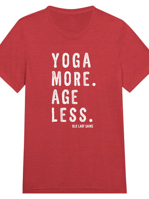 Empowering fitness red t-shirt for women over 40 featuring the slogan “Yoga More. Age Less.”