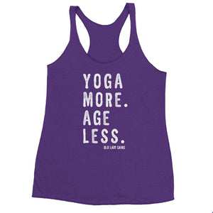 Soft lightweight triblend tank top promoting healthy aging through yoga, movement, and strength training.