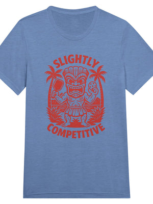 Blue pickleball t-shirt with red graphic and text 'Slightly Competitive' on a white background