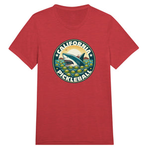 Vintage California pickleball t-shirt graphic featuring a great white shark swimming through floating pickleballs with bold retro typography.